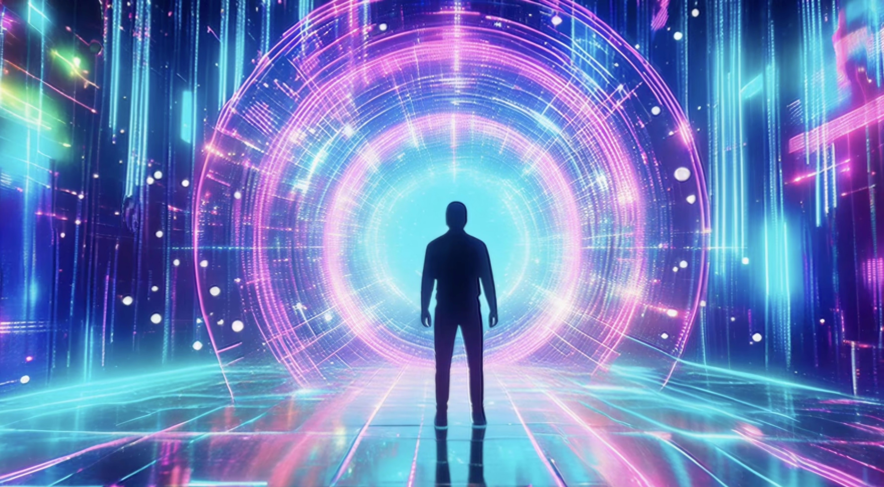 A traveler stands before a glowing portal in this 4K psychedelic fractal art video.